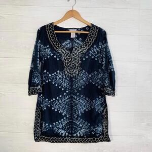 Soft Surroundings - Navy blue tie-dye gold embroidered tunic, S